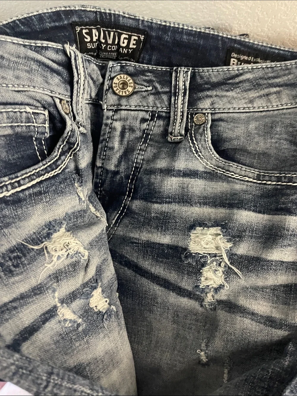 Salvage Men’s Blue Bootcut Denim Jeans with Embroidered Back Pocket